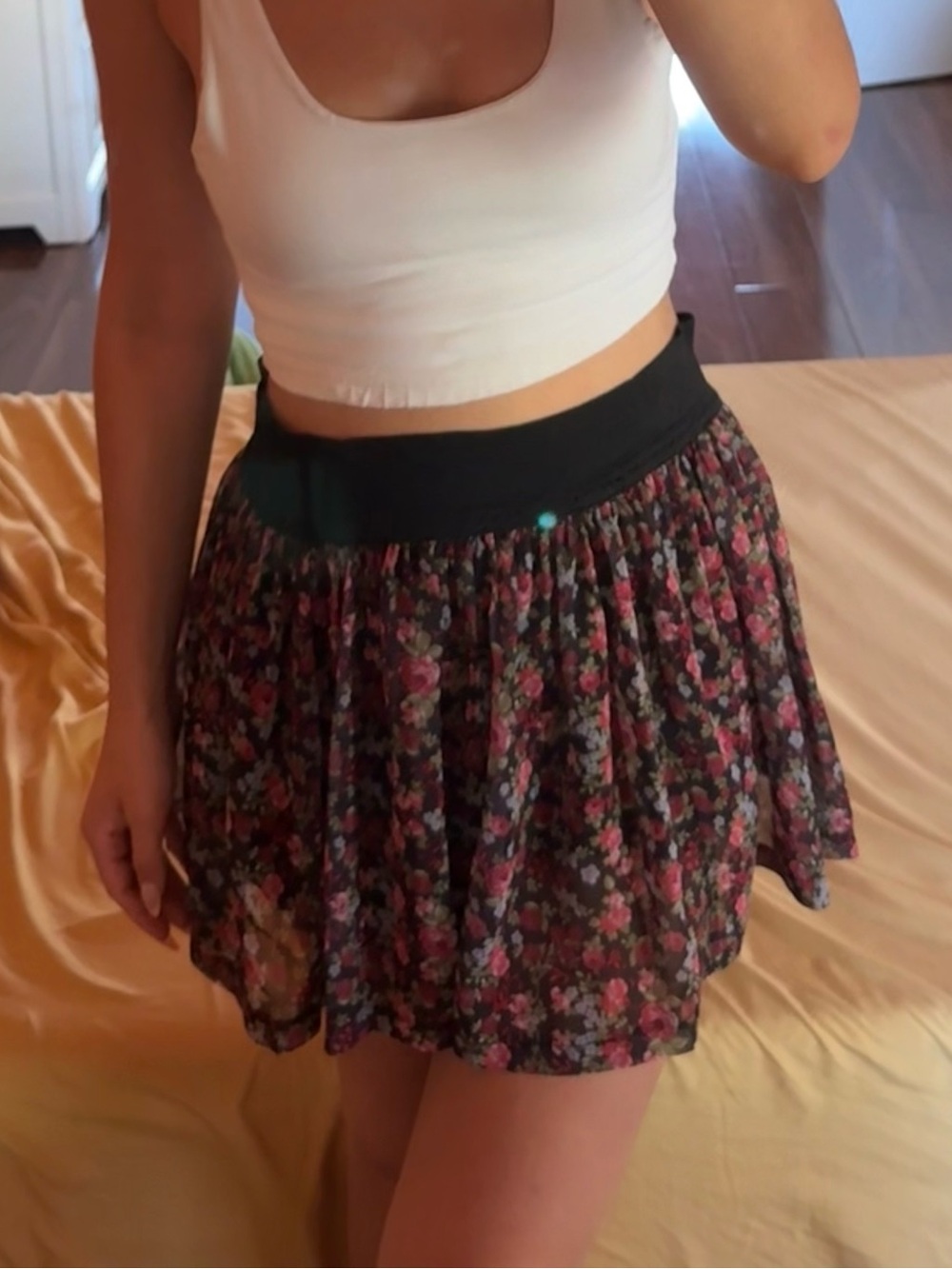 Mini Skirt with Pink Floral Print and Black-Waistband